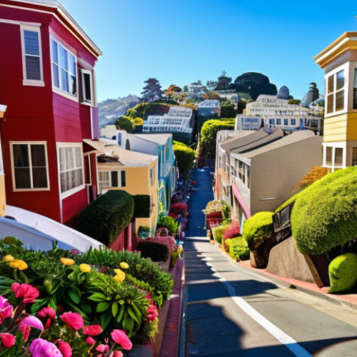 **"Lombard Street, San Francisco, the 'most crooked street in the world', vibrant flowers, colorful houses, Scott Lang running, action scene, sunny day."**