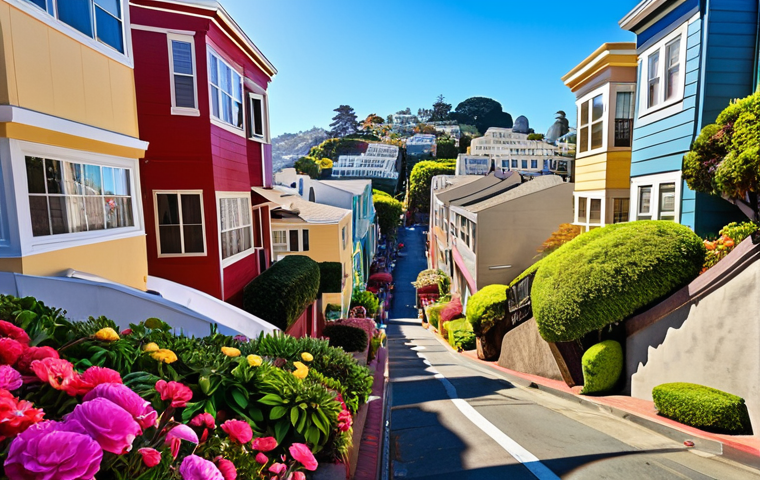 **"Lombard Street, San Francisco, the 'most crooked street in the world', vibrant flowers, colorful houses, Scott Lang running, action scene, sunny day."**