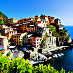 Colorful Houses of Cinque Terre**

"A vibrant view of Manarola, Cinque Terre, Italy, with its colorful houses cascading down a steep hillside towards the sea, bathed in warm sunlight. Fishing boats bob gently in the harbor. Lush green vineyards are terraced above the town. Focus on the vivid colors and natural beauty.  Perfect anatomy, correct proportions, natural pose, well-formed hands, proper finger count, natural body proportions. Fully clothed tourists are strolling through the streets in appropriate attire. Safe for work, appropriate content, fully clothed, professional, modest, family-friendly, high quality."

**