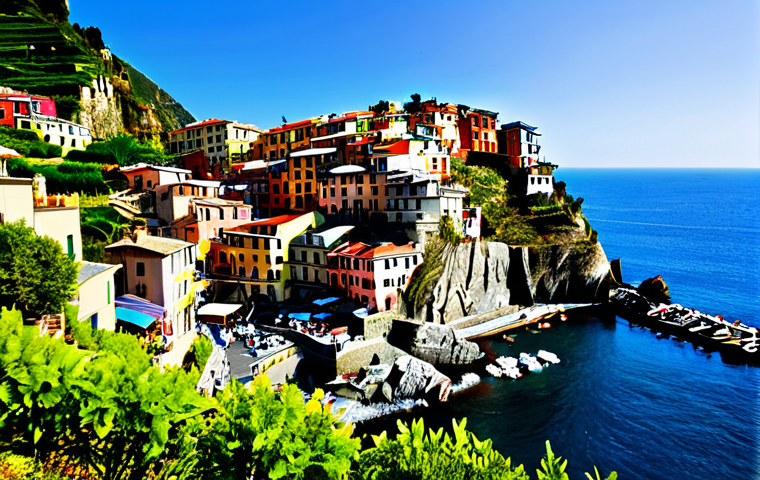 Colorful Houses of Cinque Terre**
"A vibrant view of Manarola, Cinque Terre, Italy, with its colorful houses cascading down a steep hillside towards the sea, bathed in warm sunlight. Fishing boats bob gently in the harbor. Lush green vineyards are terraced above the town. Focus on the vivid colors and natural beauty. Perfect anatomy, correct proportions, natural pose, well-formed hands, proper finger count, natural body proportions. Fully clothed tourists are strolling through the streets in appropriate attire. Safe for work, appropriate content, fully clothed, professional, modest, family-friendly, high quality."
**