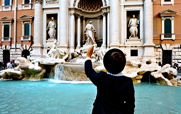 로마 영화 촬영된 장소 - Trevi Fountain Scene**

"A fully clothed tourist in modest attire tossing a Turkish Lira coin into t...