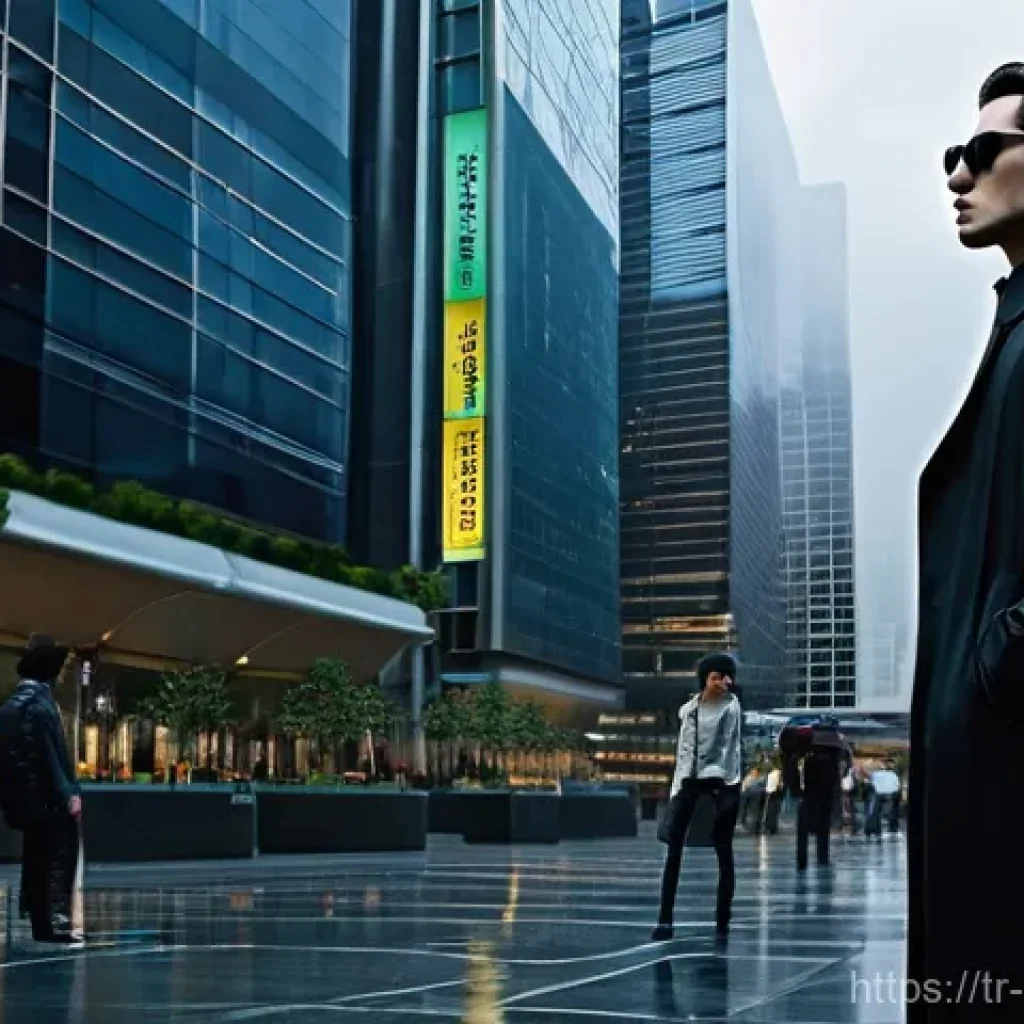 매트릭스 촬영된 도시 - Neo's Contemplation in a Cyberpunk Plaza**
* **Subject:** A lone male figure, styled after Neo fr...