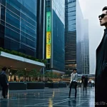 매트릭스 촬영된 도시 - Neo's Contemplation in a Cyberpunk Plaza**

*   **Subject:** A lone male figure, styled after Neo fr...