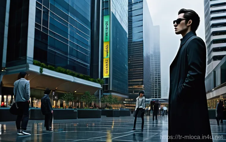 매트릭스 촬영된 도시 - Neo's Contemplation in a Cyberpunk Plaza**
* **Subject:** A lone male figure, styled after Neo fr...