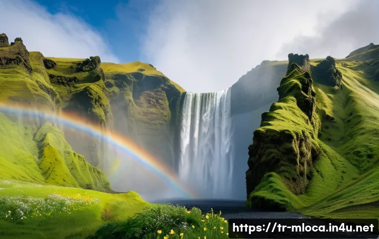 아이슬란드 영화 속 풍경 - **Prompt:** "A panoramic view of the Skógafoss waterfall in Iceland. The powerful cascade plummets d...